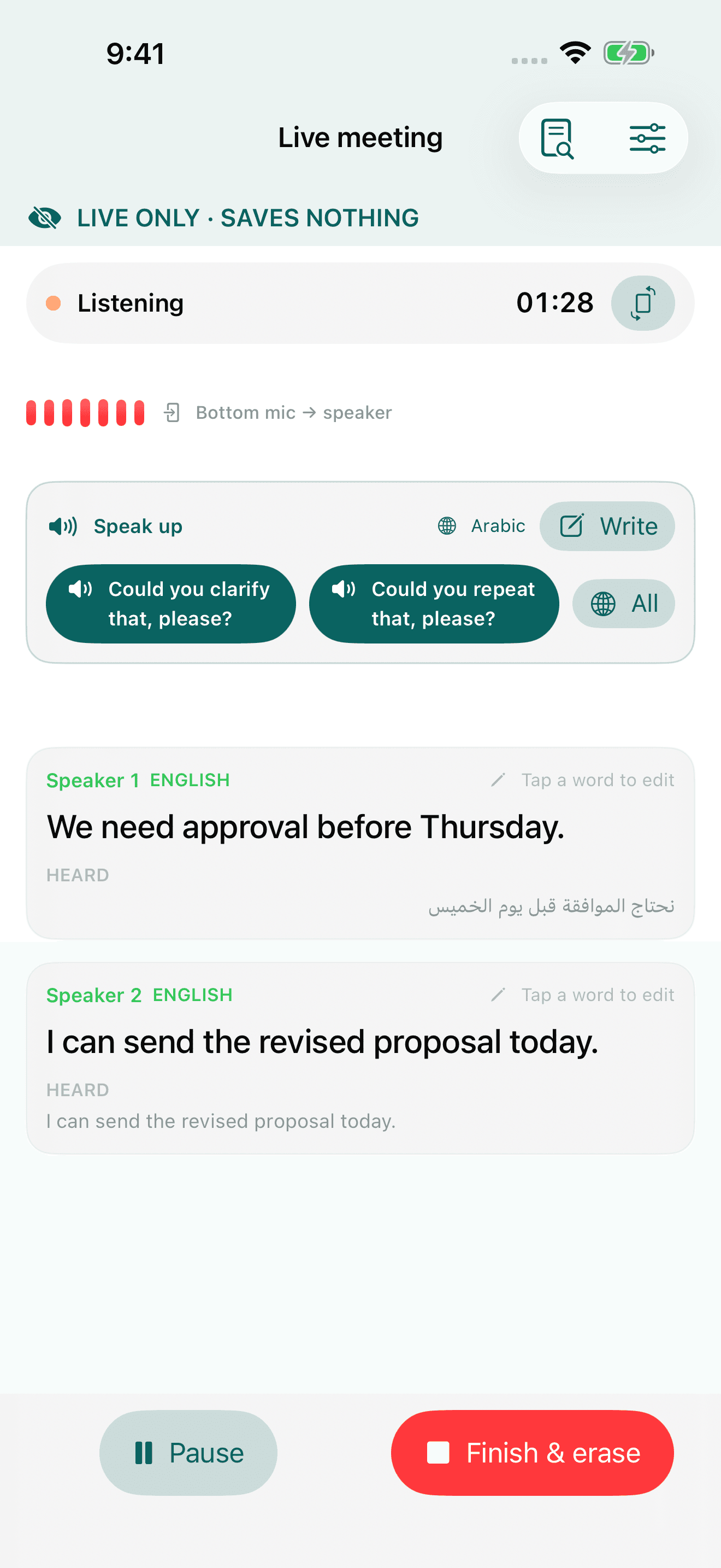 SpeakMyLingo live meeting showing English captions with original Arabic speech beneath