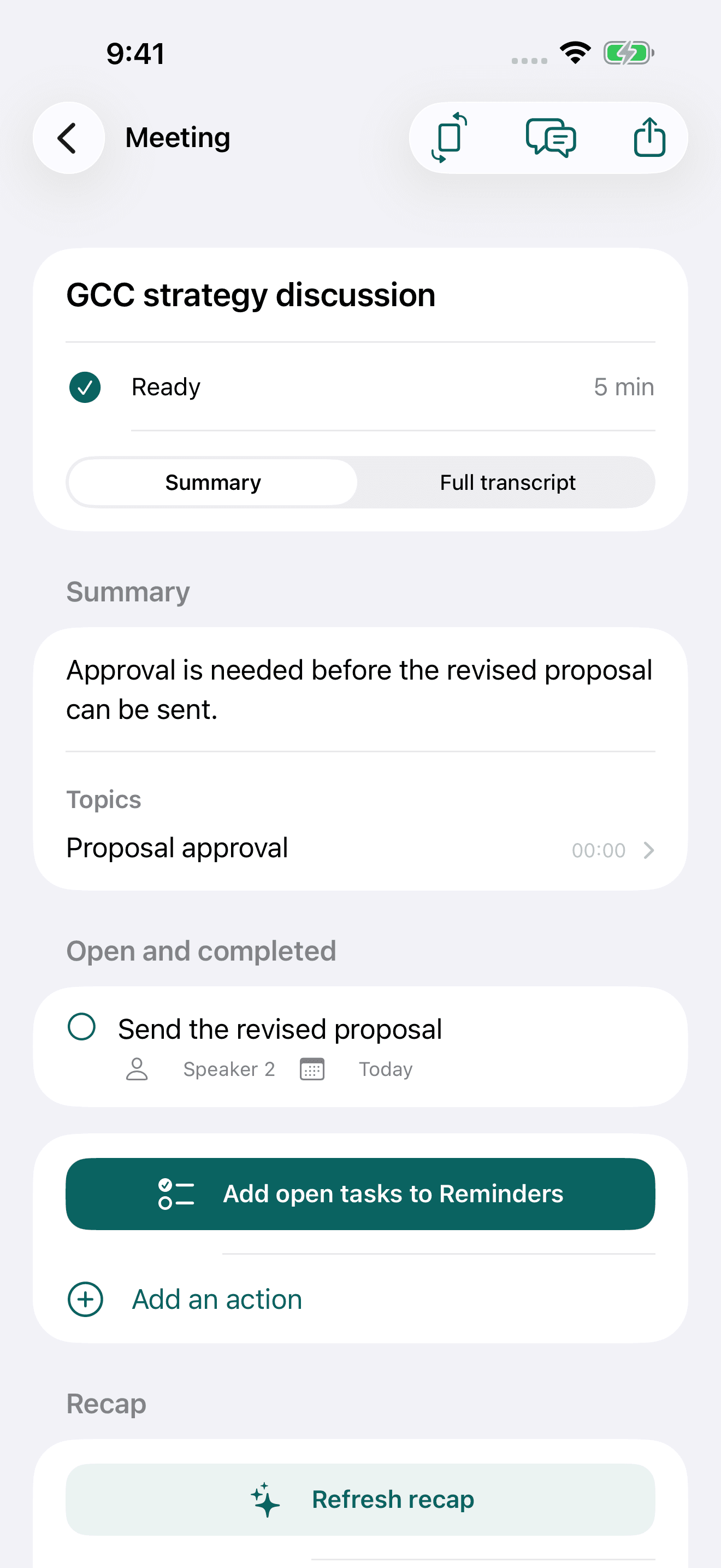 Review the summary and actions from a saved meeting.
